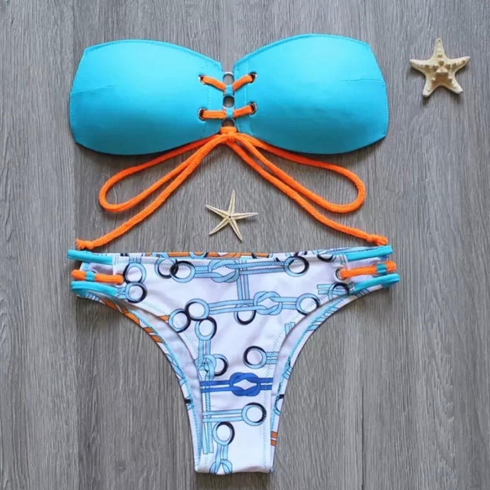 ✨Turquoise Blue & Orange Geometric Halter Bikini✨